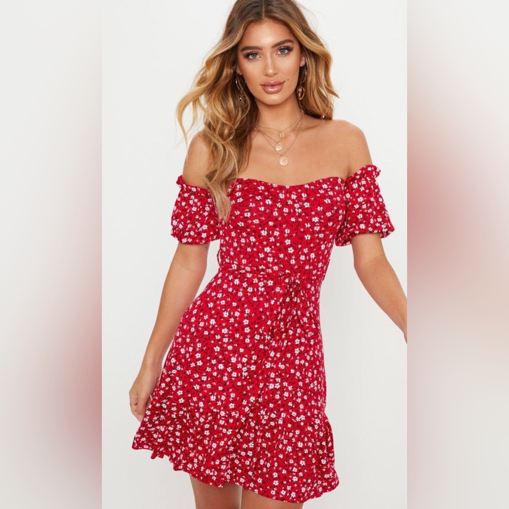 red pretty little thing off the shoulder puff sleeve dress